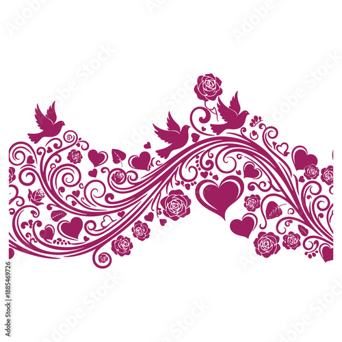 Elegant purple floral design with hearts birds and swirls perfect for wedding invitations or romantic decorations