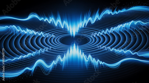 Vibrant blue sound wave pattern with concentric circles and dynamic energy