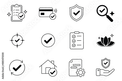 Subscription processed vector icon, trust symbol icons, payment confirmation, calm renewal, and checkmark illustration isolated on white background for billing