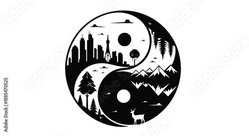 Yin yang symbol with cityscape and natural landscape in black and white, harmony balance concept illustration