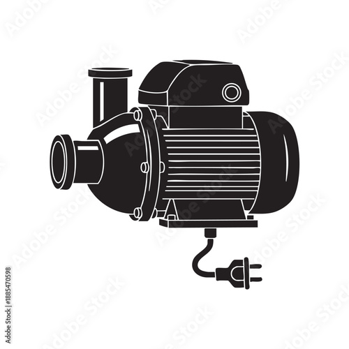 Industrial water pump equipment vector illustration, centrifugal pump with electric motor, black silhouette on white background, pressure booster pump, drainage pump, sewerage pump icon for web design
