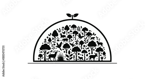 Black and white illustration of mushroom forest under a cloche with small plant sprouting from top, symbolizing growth and nature, in a simple modern design