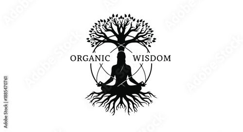 Black silhouette logo of person meditating under tree with roots and leaves, organic wisdom text, mindfulness concept, wellness and self-care symbol