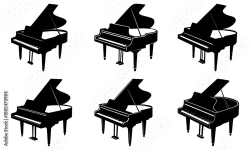 Six Black Grand Pianos Silhouette on White Background musical instrument