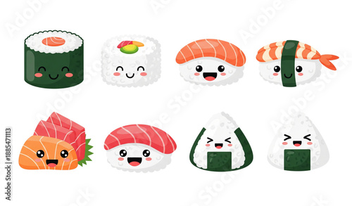 Funny sushi cartoon characters flat vector set isolated on white background