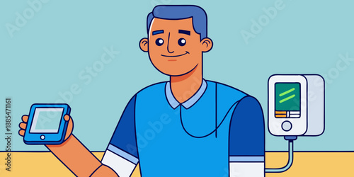 A person using a digital blood pressure monitor at home. Close-up on the arm and device.