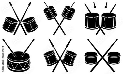Black and white drum set with drumsticks on a transparent background percussion musical instruments