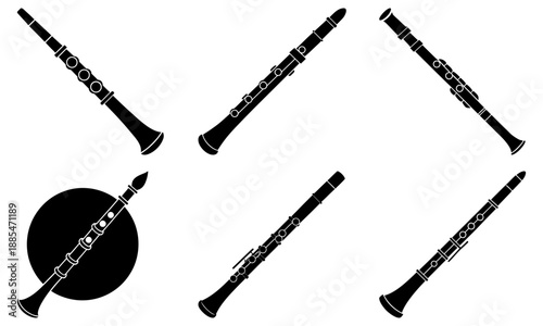 Four black and white clarinet silhouettes with transparent background musical instrument four clarinets