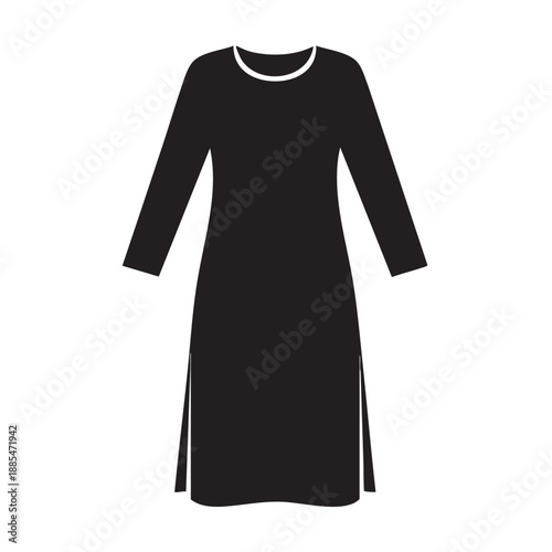 Minimalist long sleeve tunic dress silhouette with side slits and round neckline suitable for apparel manufacturing design mockups and fashion sketching on white background for creative professionals