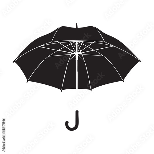 Open umbrella silhouette with detailed frame ribs and curved handle representing protection from rain or sun weather element for icon design and conceptual graphic projects on white background space