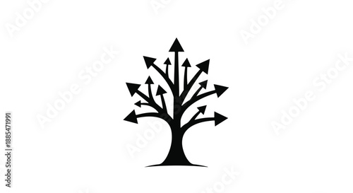 Black tree icon with multiple arrows growing in different directions on white background for business growth concept