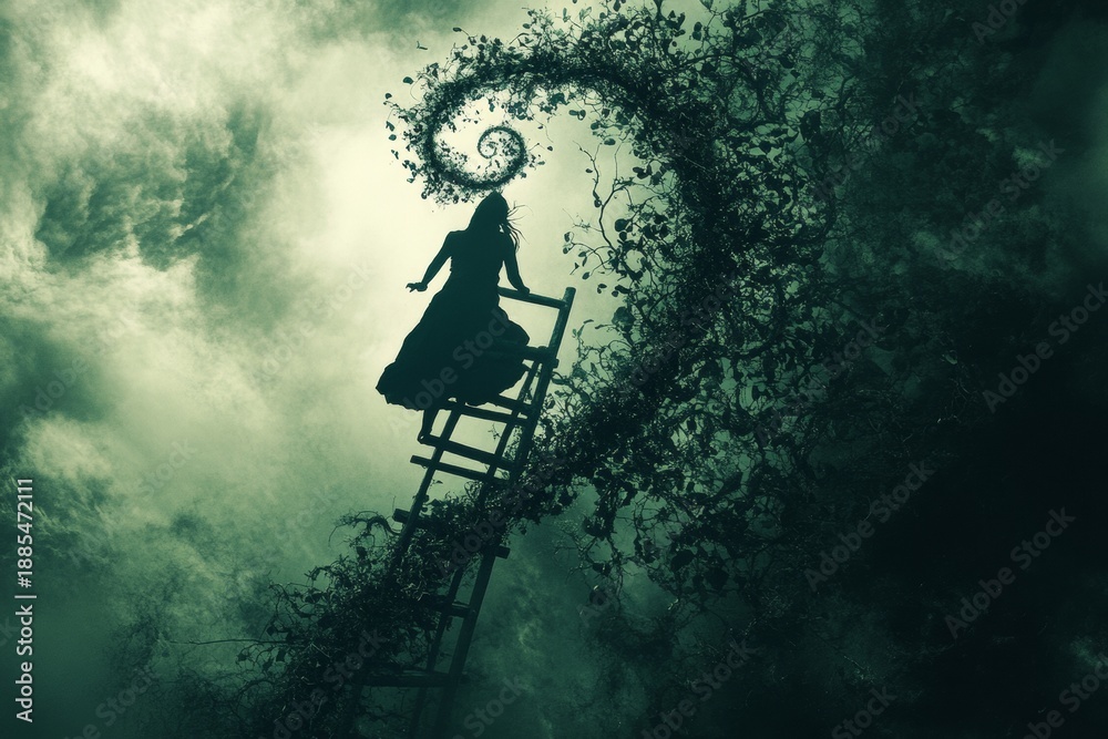 Fototapeta premium Mysterious silhouette on ladder amidst swirling vine fantasy scene