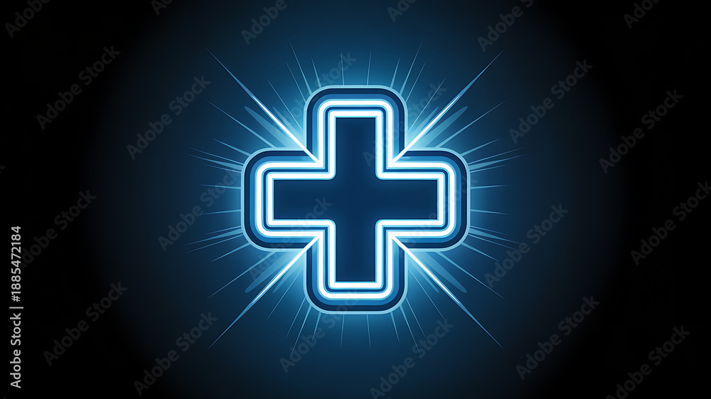 Fototapeta premium Glowing blue cross symbol with radiant light effect