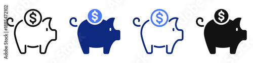 Vector icon or logo of piggy bank with coin related to banking and finance, savings and investments. Symbol for website or app UI, logo design, illustration