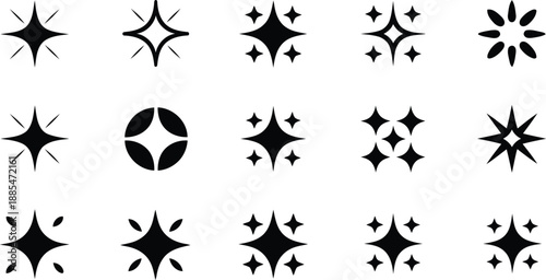 A collection of black sparkle and shine icons representing glow and cleanliness on white