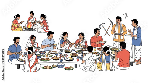 Illustration of a traditional Magh Bihu Feast with Assamese people celebrating harvest culture in a joyful family gathering.