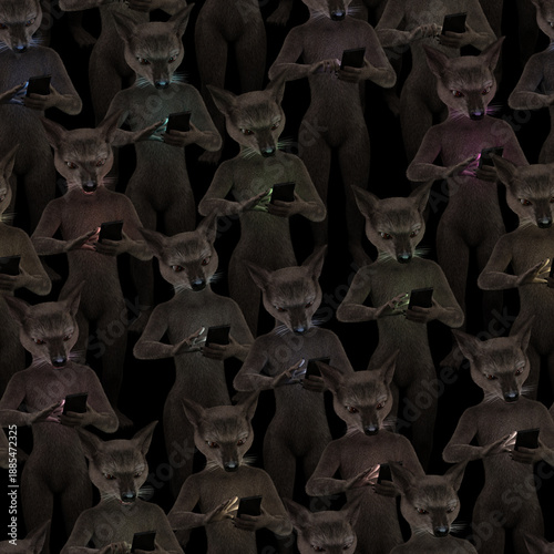 Seamless background rapport tile of anthropomorphic mice fingering their smartphones in the dark. Based on 3d rendering. No AI used