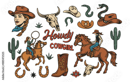 Wild West Cowgirl Clipart – Retro Western Icons & Rodeo Vibes