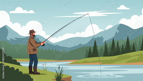 Man fishing on serene lake shore with mountains and trees in the background, a vector illustration of 188.eps scenery from a distant viewpoint