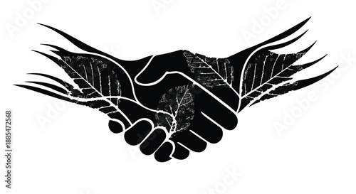 Partnership handshake with leafy wings, business agreement, eco friendly, partnership, teamwork, cooperation, nature, environmental, sustainable, modern illustration