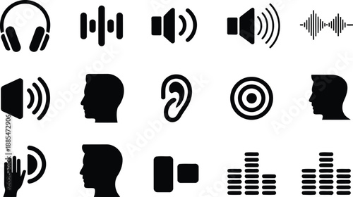 A collection of diverse black outline and silhouette icons representing sound, audio, listening, and hearing concepts