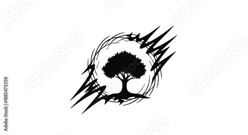 Tree logo vector illustration with abstract black brush strokes on white background for nature eco friendly brand identity