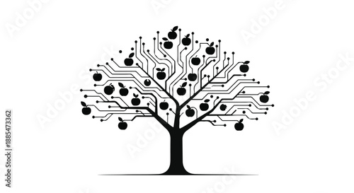 Modern circuit tree illustration with black branches and leaves on white background for technology and innovation concept