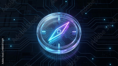 Glowing digital compass on a futuristic circuit board background with neon lights