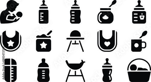 A collection of essential black silhouette icons representing baby feeding and early childcare items