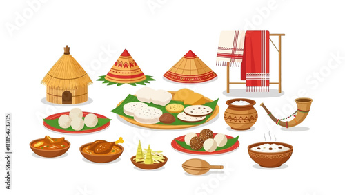 Illustration of a traditional Magh Bihu Feast spread with Assamese harvest culture elements, featuring a variety of dishes and decorations on colorful plates and a clean white background.