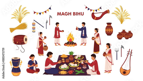 Illustration of a traditional Magh Bihu Feast celebrating Assamese harvest culture with people gathered around a table, featuring various cultural elements and characters in a vibrant