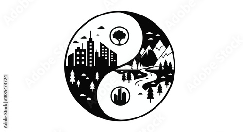 Yin yang symbol cityscape and natural landscape illustration, opposing forces harmony balance concept, modern abstract design
