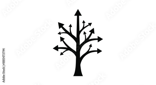 Black tree silhouette with multiple arrows pointing in different directions on white background, symbolizing growth, directions, and choices in business and life
