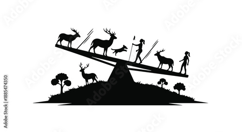 Black silhouette of hunter and prey on seesaw balance with deer animals and trees on white background, symbolizing nature conservation and wildlife protection concept