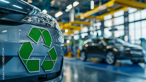 Eco friendly car displaying green recycling symbol on front