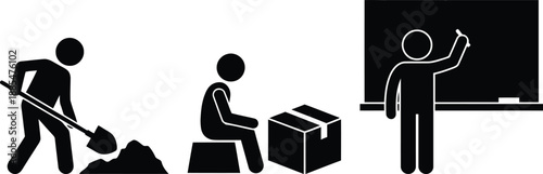 Man doing various tasks like shoveling, packing and teaching