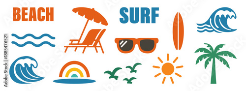 Hand-drawn doodle beach and surf icon set