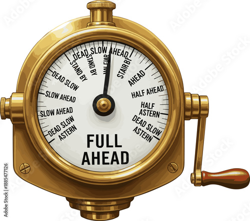 Isolated a realistic Full Ahead concept Vintage ships engine room telegraph on full speed ahead vector art with white background..