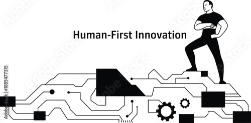 Human-First Innovation: Man Standing on Futuristic Circuit Board with Gears
