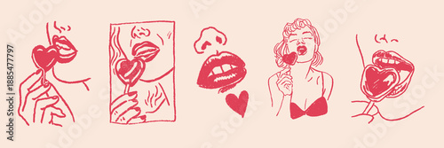 Doodle style lips and lollipop illustration for a trendy valentine day romantic greeting card design