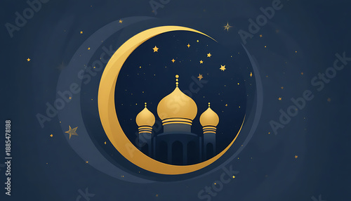A silhouette of a night mosque featuring a dome and Islamic calligraphy stands as a religious landmark of Asian architecture against the city sky in this vector illustration