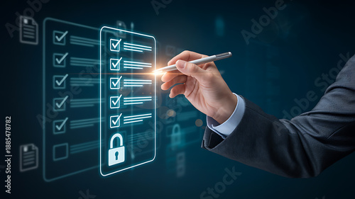 Businessman checking secure digital checklist with glowing blue interface