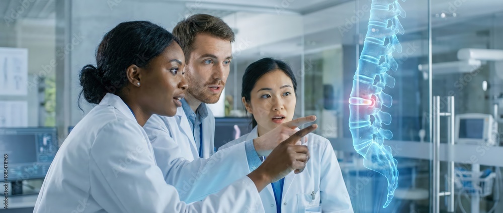 Fototapeta premium Diverse medical team analyzing holographic spine projection, discussing patient diagnosis and treatment in modern laboratory Concept of healthcare innovation, research, and technology