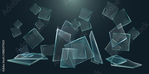 Glass shards and glass with light reflections.