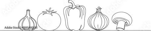 Simple line drawing of five fresh vegetables - garlic, tomato, bell pepper, onion, and mushroom - for healthy eating themes.