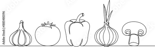Charming line art illustration of five vegetables: garlic, tomato, bell pepper, onion, and mushroom, for healthy food concepts.