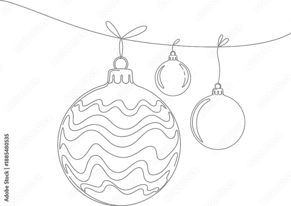 Fototapeta premium Minimalist line art illustration of three hanging Christmas baubles, one intricately patterned, for festive holiday designs.