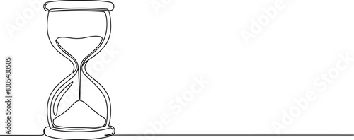 Elegant continuous line art of an hourglass showing sand falling, representing the passage of time, urgency, and timekeeping.