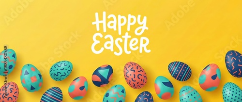 Happy Easter eggs with modern geometric patterns, festive celebration, spring holiday, vibrant colors, yellow background, copy space