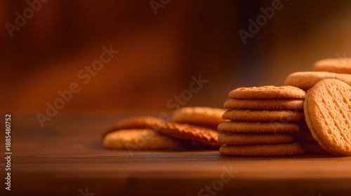 A warm, shallow-focus scene shows stacked round cookies on a wooden table, softly lit with amber tones. glow!!